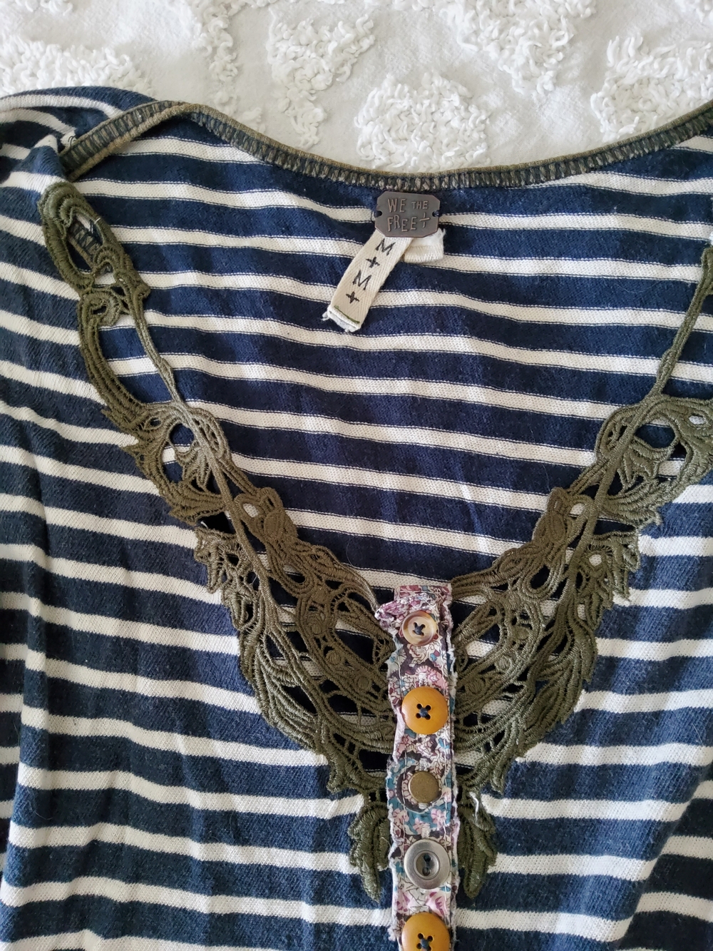 We The Free Striped Navy & White Lace-Trim Henley Top